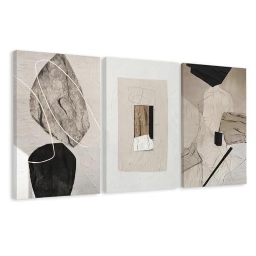 EJPFOGV Triptych Neutral Abstract Wrapped Canvas Wall Art 20x30 inches x3 | Wooden frame, UV-resistant ink, Giclée printing process, Pre-installed hooks make it easy to hang home or office wall decor - color: Between stones, size: 30"L x 20"W