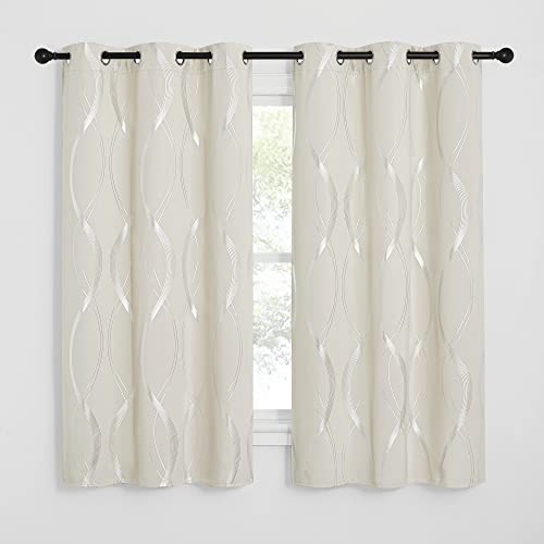 NICETOWN Bedroom Curtains Small Blackout Panels, Window Treatment Thermal Insulated Solid Grommet Blackout Wave Line Foil Print Design Curtains for Kitchen, Cafe, Loft (Beige, Set of 2, 42 by 63 Inch) - color: 1 - Beige, size: 42"W x 63"L (Pack of 2)