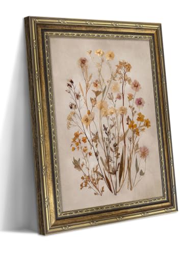 Vintage Gold Framed Botanical Wall Art, Cottagecore Flower Wall Decor Painting, Retro Dried Floral Poster Picture, Rustic Wildflower Canvas Print for Living Room Bedroom Home Decor 16x24in - color: Wildflower, size: 24"L x 16"W