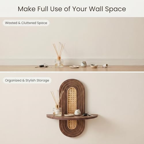 Floating Rattan Shelves for Wall Set of 2, Mid Century Modern Wall Plant Holder, Boho Wall Decor for Home, Bedroom, Living Room, House, Apartment