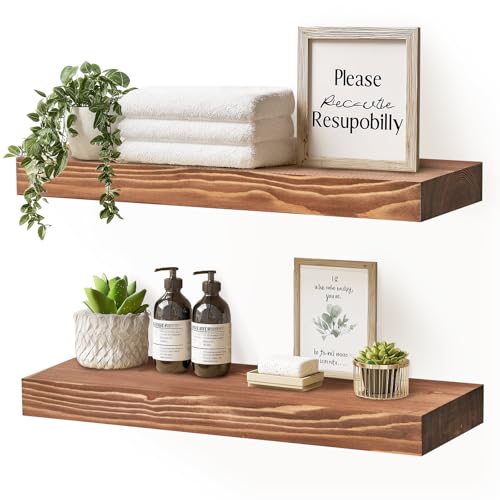 Solid Wood Floating Shelves, 17 Inch Wall Shelves, Set of 2, Brown - color: Brown, size: 17x8x1.6