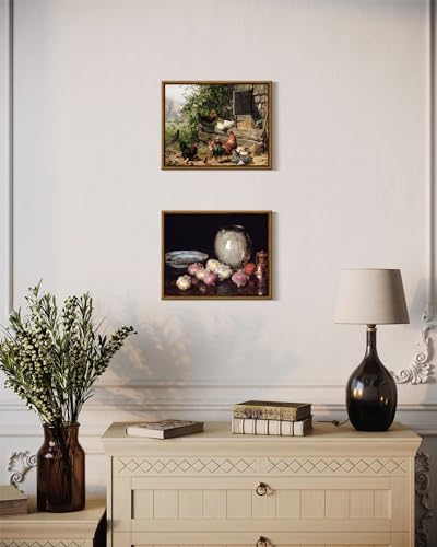 InSimSea Framed Canvas Wall Art - Funny Running Chicken & Chicken Coop - Rustic Farmhouse Painting - Country Wall Prints - Bedroom & Living Room - 8x10in - color: Leisurely Chickens, size: 10"L x 8"W