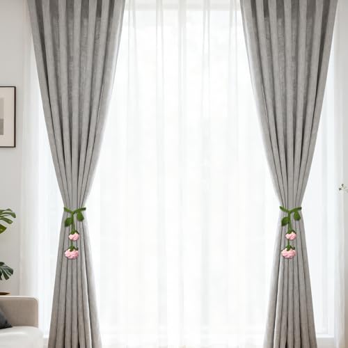 2 Pack Boho Handmade Flower Curtain Tiebacks & Holdbacks - No Drill Cotton Rope Curtain Ties, Drapery Holdback Decorative Pull Backs for Nursery & Bedroom Decor (2, Pink Roses Flowers) - color: Pink Roses Flowers