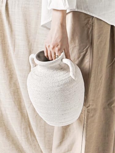 White Ceramic Vase with Handles, 9.5Inch, Farmhouse Rustic, Gritstone White - color: Winnie - Gritstone White, size: M(8.8"-9.8")