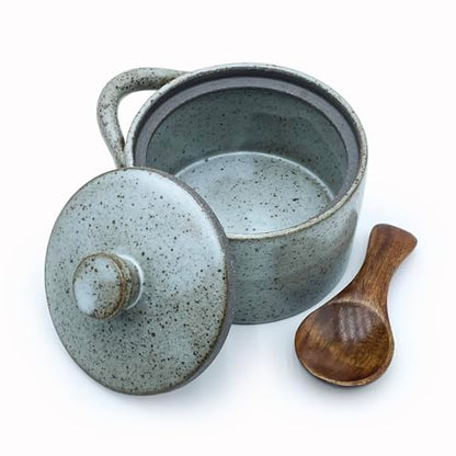 8 oz Ceramic Salt Cellar with Lid & Wooden Spoon,Countertop Salt Container,Sugar Bowl,Spices Jar| Artisan Kitchen Decor(Gray) - color: Gray