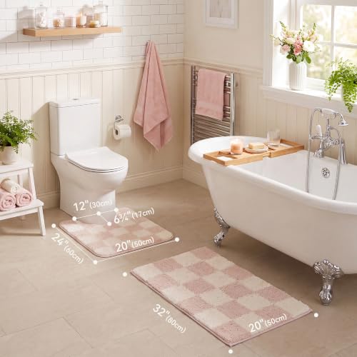 GRANNY SAYS Checkered Pink U Shaped Toilet Mat, 20" x 24",Cute Toilet Rug - color: Pink, size: 1'8" x 2' (20" x 24")