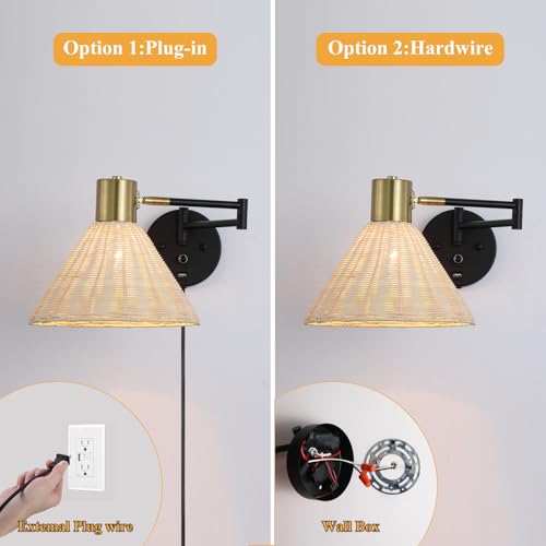 Plug in Rattan Wall Sconce Swing Arm Wall Lamp, Black - color: Black+Rattan Shade