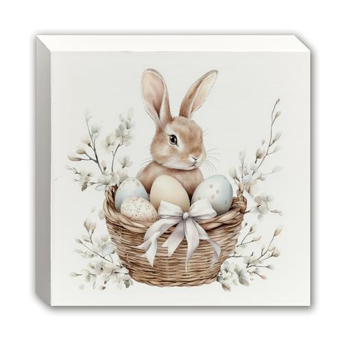 Easter Bunny Wooden Box Sign, Easter Decorations for the Home, Rustic Cottagecore Floral Bunny Wood Block Sign for Home Office Desk Shelf Table Decor, 5x5 Inch - color: white -20