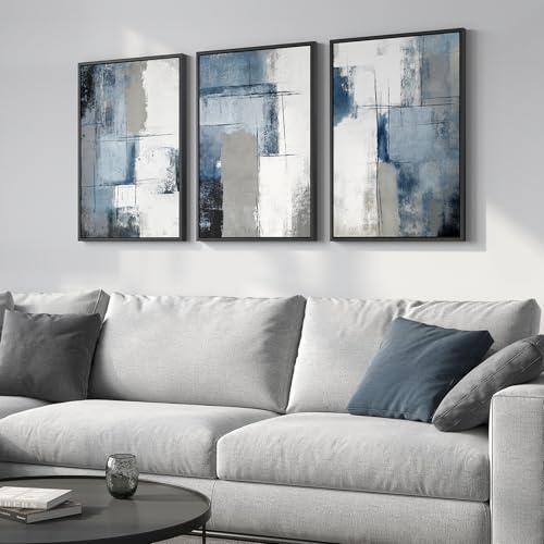 Framed Blue and Gray Abstract Modern Wall Art, 3 Piece Set, 16x24 In - color: Ash Blue Balance, size: 16" W x 24" H x 3Pcs