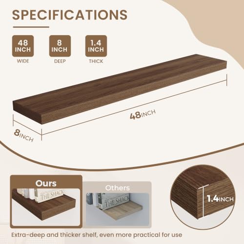 Dreamland 48 Inches Wall Mounted Wood Floating Shelves, Walnut, 2 Pack - color: Walnut, size: 48in