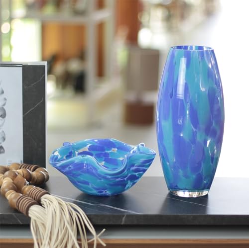 Murano Style Art Glass Bowl Hand Blown Blue Confetti Effect Home Decor - color: Blue Waved