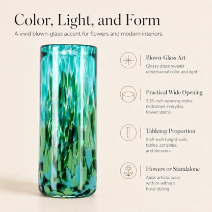 9.45in H Sea Glass Cylinder Vase Unique Hand Blown Glass Vase for Flower - color: Dark Green