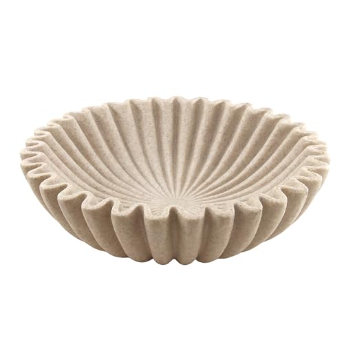10'' Large Ruffle Decorative Fruit Bowl for Entryway Coffee Table Scalloped Purse Key Holder Kitchen Countertop Console Modern Organic Home Decor, Artificial Stone Beige - color: Beige