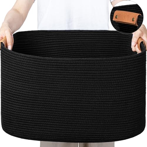 danpinera Large Woven Basket, 108 L Blanket Basket for Living Room, Nursery Bin for Toys Organizing & Laundry, Cotton Rope Hamper with Leather Handle, 25’’*16’’*16’’ Black - color: Black, size: 108L