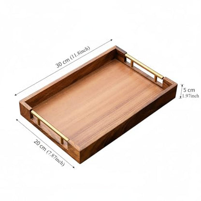Wooden Serving Tray with Gold Metal Handles, 11.8" x 7.87" Rectangular