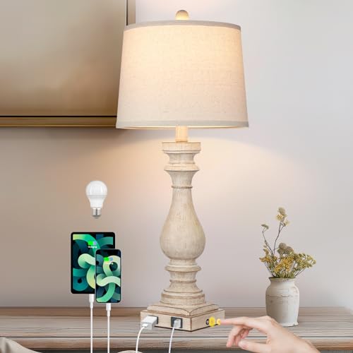 Cinkeda 29" Tall Farmhouse Lamp,Vintage Bedside Nightstand Lamps with USB Charging Ports A/C,3-Way Dimmable Touch Control Retro Lamp for Bedroom Living Room,Single Beige - color: 1Pack Beige