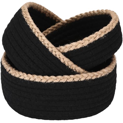 Sea Team 3-Pack Compact Nesting Woven Cotton Rope Storage Baskets, Black - color: Black & Jute