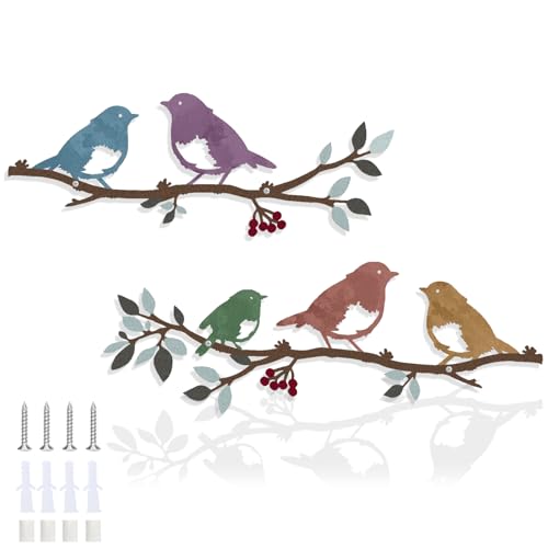 Harikikochuu 2 Pcs Metal Birds Wall Art Decor Robin Bird on the Branch Silhouette Art Metal Decorative Birds Hanging Wall Sculpture for Outdoor Balcony Garden Porch Décor(Colorful) - color: Colorful