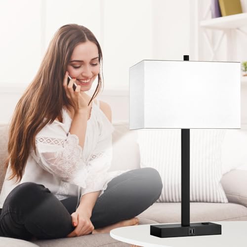 Lynnoland 21" Set of 2 Table lamp with USB A+C & AC Outlets, Touch Control 3-Way Dimmable Nightstand Lamps for Bedroom Living Room Office Reading, White Shade Touch Lamps, 5000K LED Bulbs Included - color: White Line & Matte Black