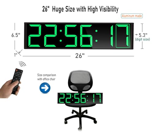 26'' Huge Digital Wall Clock, Home Gym Interval Workout Timers, with Countdown, Stopwatch, 7-Color Light, 8-Alarms, Calendar/Temperature Display, for HIIT/Tabata/FGB/EMOM (Green)