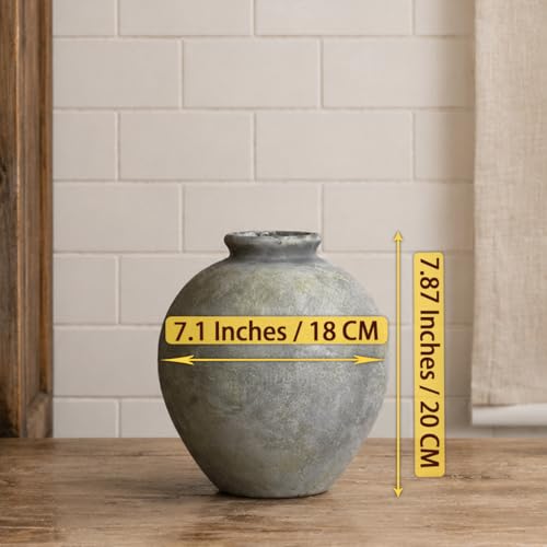 Rustic Farmhouse Ceramic Vase, 7.9 Inch, Terracotta Decor - color: White Gray