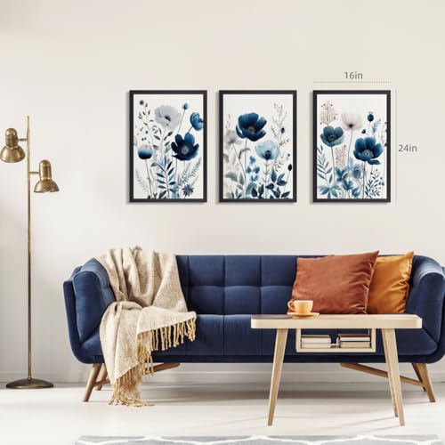 Grajoy Wood Framed Navy Blue Botanical Floral Wall Art 16x24 Inch Set of 3 - color: BlueFlower, size: 24"L x 16"W