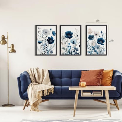 Grajoy Wood Framed Navy Blue Botanical Floral Wall Art 16x24 Inch Set of 3 - color: BlueFlower, size: 24"L x 16"W