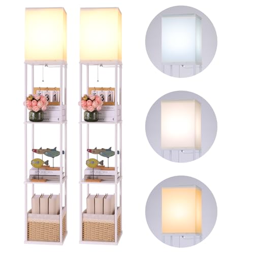 Gupuzm Floor Lamp with Shelves, 4 Layer Square Standing Lamp with 3 Color Temperature Bulb, Corner Display Bookshelf Lamp for Living Room, Bedroom and Office（White-2 Packs） - color: White-2 Packs