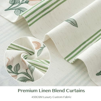 Pinch Pleat Linen Blend Curtains Green Stripe Floral, 40"W x102 Inches Long - color: Green Stirpe, size: 40"W x 102"L (Pack of 2)