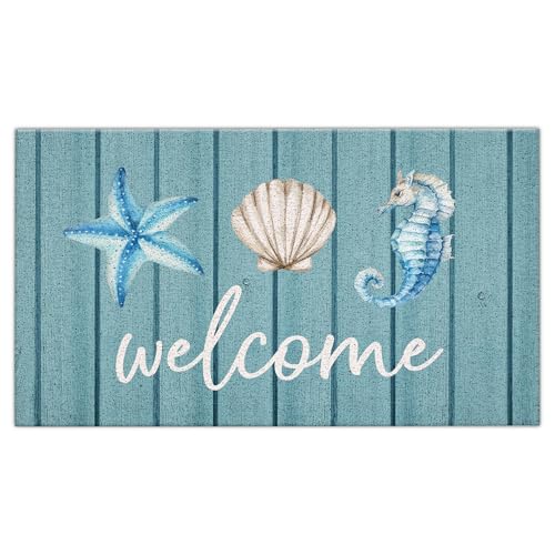 Jvpke Beach Welcome Mat for Front Door, Blue Beach Door Mat, Starfish Seashell Seahorse Beachy Door Mats Indoor Outdoor Entrance Porch, Ocean Beachy Baths Mats for Bathroom, 17x30 Inches - color: Blue Beach Welcome