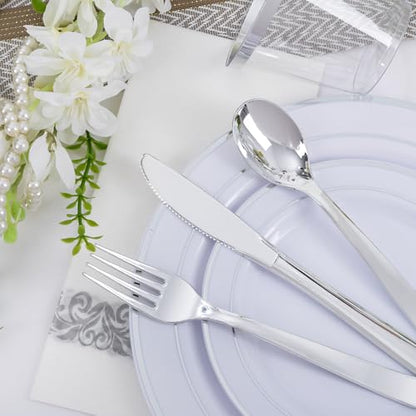 WELLIFE 700 Pieces Silver Plastic Dinnerware Set for 100 Guests - Includes Plates, Cups, Napkins, and Disposable Cutlery - Elegant White & Silver Design, Perfect for Parties and Events - color: Silver, style: 700PCS（100Guests）