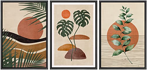 wall26 Framed Canvas Print Wall Art Set Boho Mid-Century Tropical Plant Collage Abstract Shapes Digital Art Modern Art Decorative Minimal Relax/Zen for Living Room, Bedroom, Office - 16"x24"x3 Black - color: A32-2207-irs18, size: 16" x 24" x 3 Panels BLAC