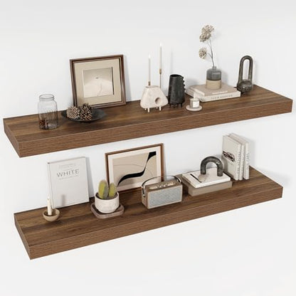 Acovy 48 Inch Floating Shelves, 12" Deep Floating Shelf Wall Mounted, 48" Wall Shelves, Rustic Deep Bookshelf, Extra Deeper & Thicker Display Shelves for Bedroom, Living Room, Walnut, Set of 2 - color: Walnut, size: 12"Wx48"L-2pcs