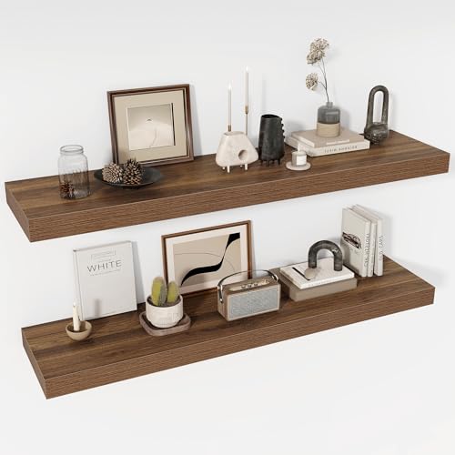 Acovy 48 Inch Floating Shelves, 12" Deep Floating Shelf Wall Mounted, 48" Wall Shelves, Rustic Deep Bookshelf, Extra Deeper & Thicker Display Shelves for Bedroom, Living Room, Walnut, Set of 2 - color: Walnut, size: 12"Wx48"L-2pcs