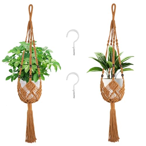 Augshy Jute Crochet Macrame Plant Hangers with Hooks, 2 Pack Hanging Holder - color: Caramel, size: 35 Inches