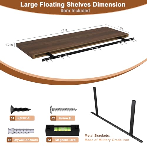 40 Inch Floating Shelf 1 Pack Large Floating Shelves for Wall No Drilling Accessories Included Deep Wall Shelves for Living Room Kitchen Farmhouse 40" W x 12" D x 1.2" Walnut - color: Walnut, size: 40 Inch