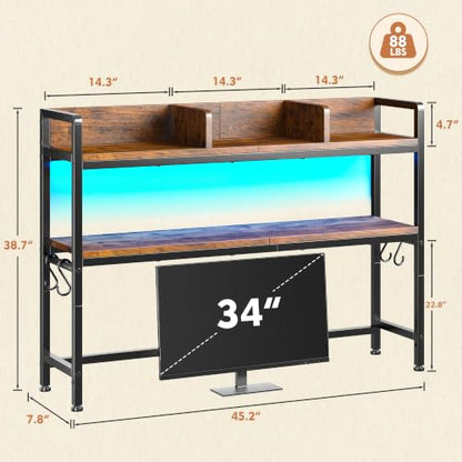 REIBII 2-Tier Desk Shelf, LED, Bedroom and Home Office, Rustic Brown - color: Rustic Brown, size: 7.8"D x 45.2"W x 38.7"H