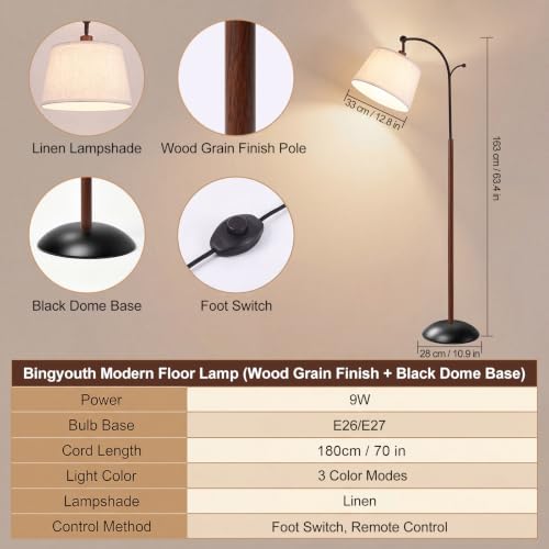 Floor Lamp, 9W 850lm Smart LED Arch Floor Lamp - Black Base - color: Wood Grain + Black Base