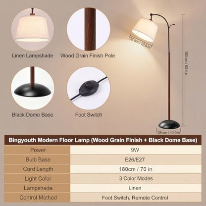 Floor Lamp, 9W 850lm Smart LED Arch Floor Lamp - Black Base - color: Wood Grain + Black Base