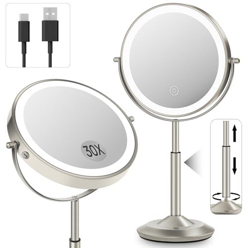8" Lighted Makeup Mirror with Light,30X Magnifying Height Adjustable Mirror - color: Brushed Nickel