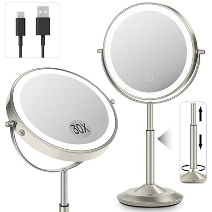 8" Lighted Makeup Mirror with Light,30X Magnifying Height Adjustable Mirror - color: Brushed Nickel