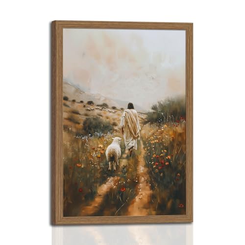 Framed Jesus Leaves the 99 Sheep Canvas Wall Art Christian Wall Decor Picture Jesus and Lamb Painting The Lost Sheep Posters Prints for Living Room Bedroom Church Prayer Home Decor 12x16Inch - color: Jesus leads the sheep, size: 12"L x 16"W