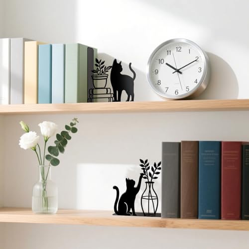 Metal Bookends Cat and Vase Book Ends for Shelves - color: Black - 1 Pair Cat & Vase