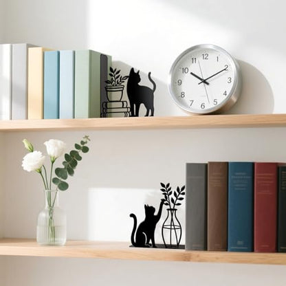 Metal Bookends Cat and Vase Book Ends for Shelves - color: Black - 1 Pair Cat & Vase