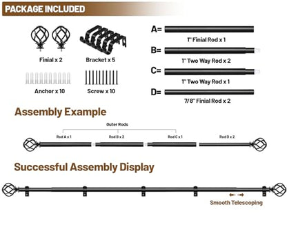 KAMANINA 1 Inch Extra Long Curtain Rods for Windows 120 to 170 Inch, Black - color: Black, size: 140-195"
