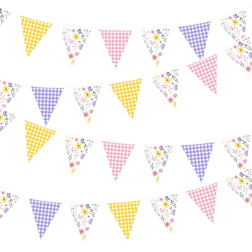 32Ft Wildflower Party Decorations Pink Purple Yellow Gingham Plaid Flowers Pennant Floral Banner Fabric Triangle Flag Garland Streamers for Easter Spring Summer Birthday Picnic Tea Party Decor - color: Wildflower