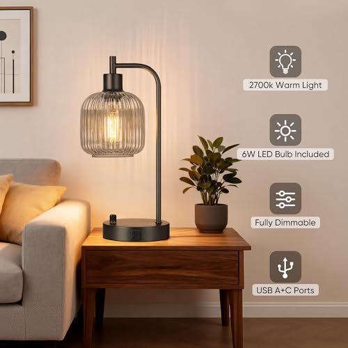 Grey Glass Table Lamps Set of 2, Dimmable Bedside Lamps for Living Room - color: Black&Grey