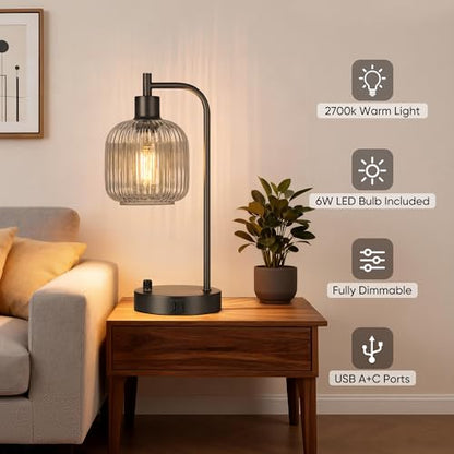 Grey Glass Table Lamps Set of 2, Dimmable Bedside Lamps for Living Room - color: Black&Grey
