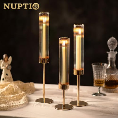 NUPTIO Hurricane Glass Candles Holder, 18 Pcs Gold Taper Candle Holder Bulk - color: Ribbed, size: 18pcs