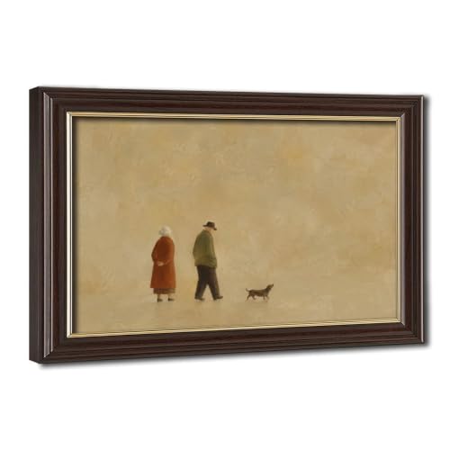 Canvas Wall Art Elderly Couple Walking Dog Minimalist Neutral Home Decor - color: Mokume Gane Frame, size: 24"L x 16"W